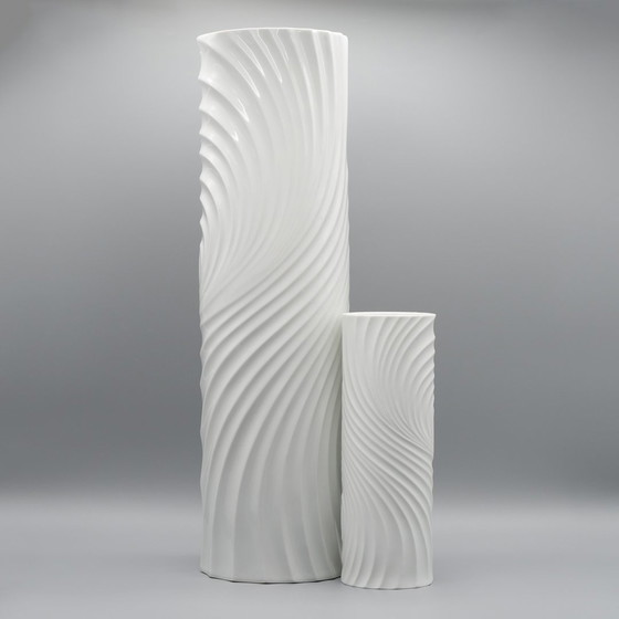 Image 1 of Seltene Op-Art Relief Bisque Porzellan Tisch & Xl Boden Vase Duo Scherzer Werne Uhl