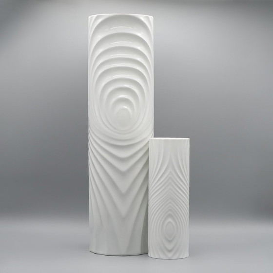 Image 1 of Seltene Op-Art Relief Bisque Porzellan Tisch & Xl Boden Vase Duo Scherzer Werne Uhl
