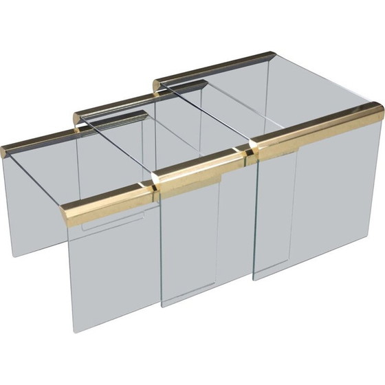 Image 1 of Satz von 3 vintage Glamour Glas und Messing Wasserfall Beistelltisch von Leon Rosen für Pace Collection 1970s