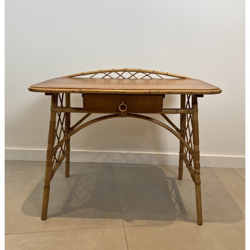 Schreibtisch aus Rattan von Louis Sognot, Frankreich 1950