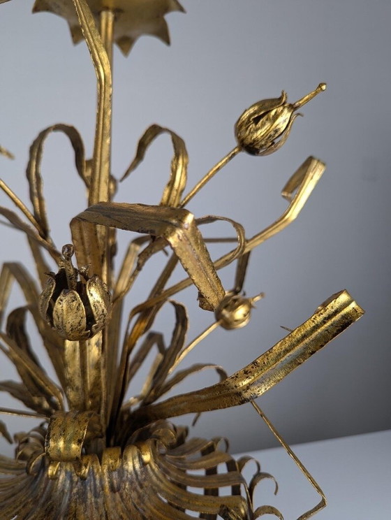 Image 1 of Gold Metall Floral Lampe, 1960S