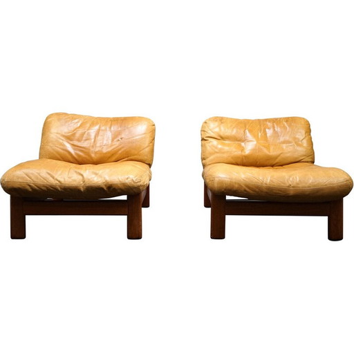 Paar Vintage-Sessel aus Teakholz und cognacfarbenem Leder, 1960