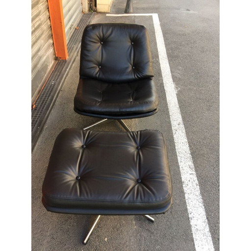 Vintage Sessel und schwarze Leder Ottomane 1970