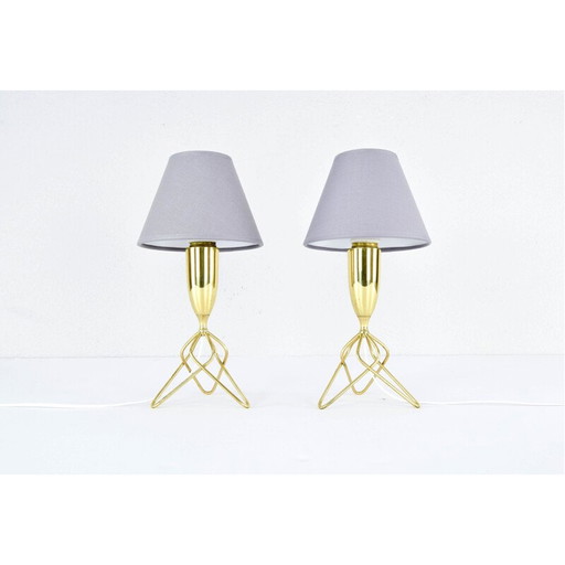 Paar Messing-Stativ-Tischlampen mit grauem Schirm, Dänemark 1960