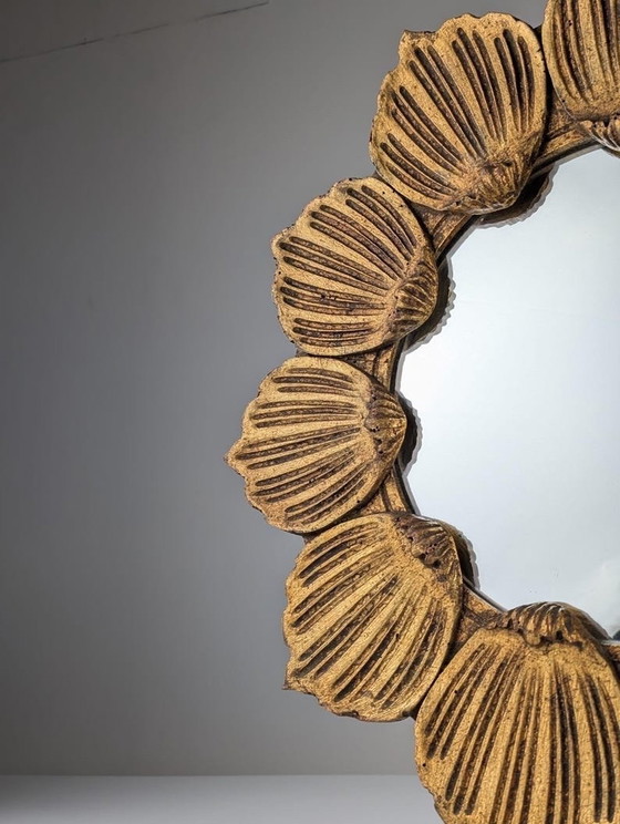 Image 1 of Floral Sunburst Spiegel In vergoldetem Holz 1950S