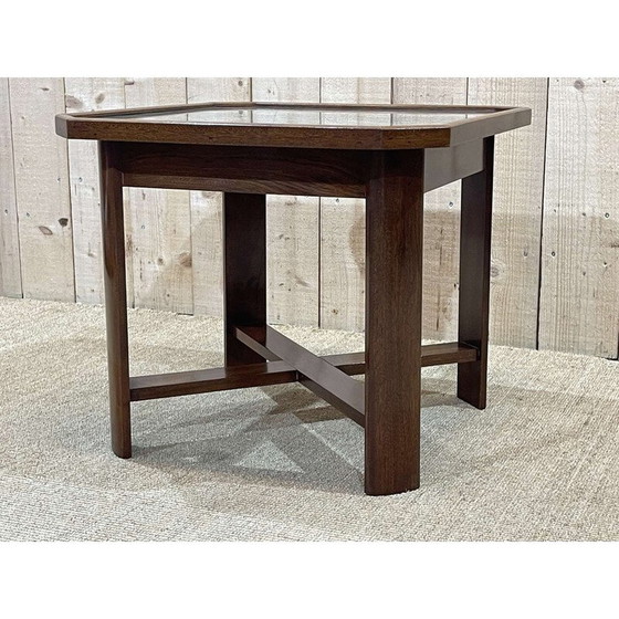 Image 1 of Vintage Art Deco Beistelltisch aus Mahagoni, Stoff und Glas
