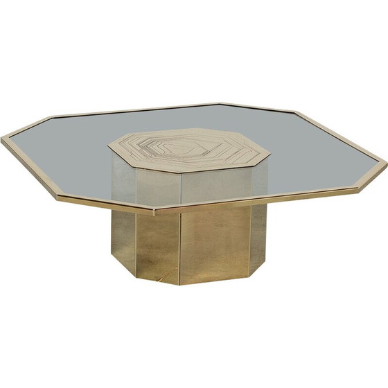 Image 1 of Vintage Couchtisch aus geätztem Messing und Rauchglas von Nadie Jonckers, 1980er Jahre