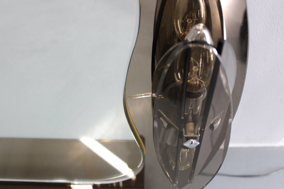 Image 1 of 1980S Fontana Arte, Großer Glaswandspiegel mit Beleuchtung und Regal, Italien