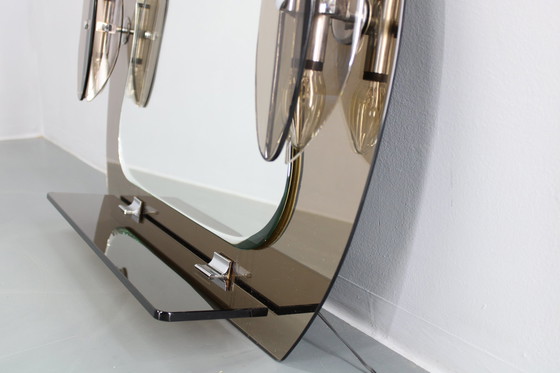 Image 1 of 1980S Fontana Arte, Großer Glaswandspiegel mit Beleuchtung und Regal, Italien