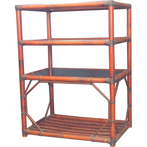 Image 1 of Vintage-Bücherregal aus Rattan, Leder und Rauchglas, 1970er Jahre