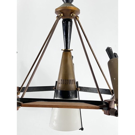 Image 1 of Vintage Sputnik-Kronleuchter aus Holz, lackiertem Metall, Messing und Opalglas von Stilnovo, Italien 1950er Jahre