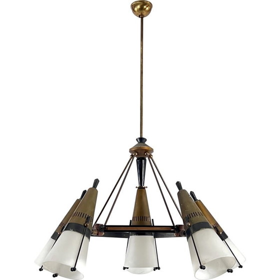 Image 1 of Vintage Sputnik-Kronleuchter aus Holz, lackiertem Metall, Messing und Opalglas von Stilnovo, Italien 1950er Jahre