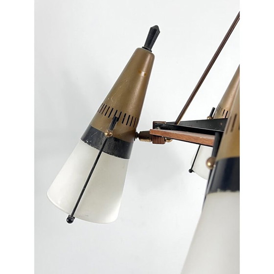 Image 1 of Vintage Sputnik-Kronleuchter aus Holz, lackiertem Metall, Messing und Opalglas von Stilnovo, Italien 1950er Jahre