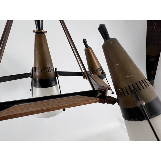 Image 1 of Vintage Sputnik-Kronleuchter aus Holz, lackiertem Metall, Messing und Opalglas von Stilnovo, Italien 1950er Jahre