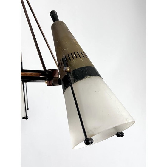 Image 1 of Vintage Sputnik-Kronleuchter aus Holz, lackiertem Metall, Messing und Opalglas von Stilnovo, Italien 1950er Jahre