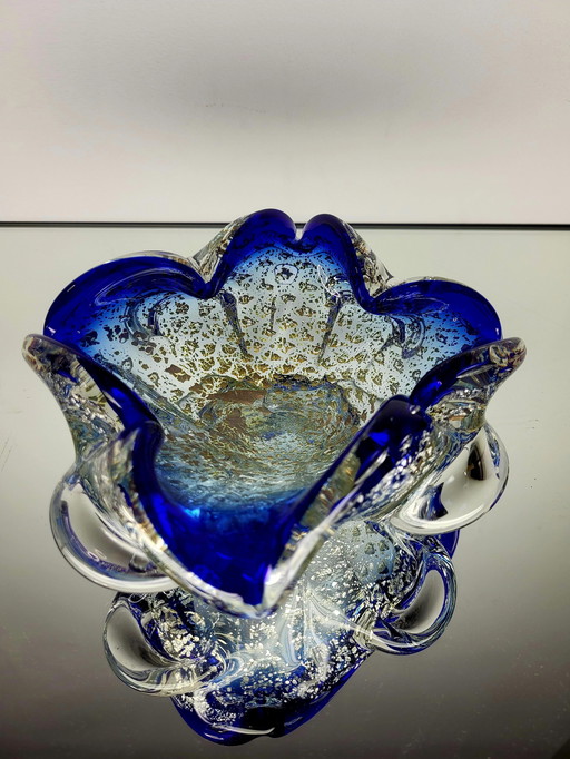 Muranoglasschale, organische Form, klares Muranoglas mit 24 Karat Blattgold und Blattsilber, Italien