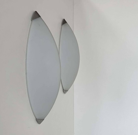 Image 1 of 2X Wandleuchten Aus Chrom Und Sandgestrahltem Glas - Italien 1980