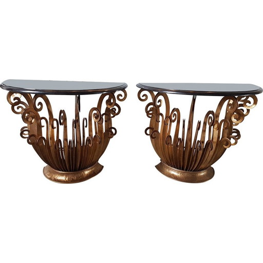 Goldenes Vintage-Konsolenpaar mit Granitfarn