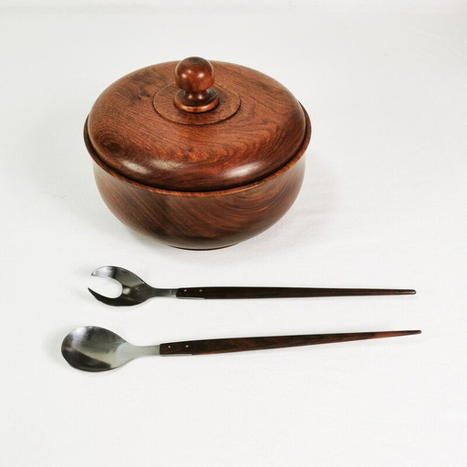Vintage Teakholzschale und Salatlöffel, Dänemark 1960er Jahre