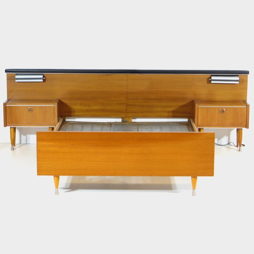 Vintage Bett In Teak Met Nachtkastjes En Verlichting, Jaren '60