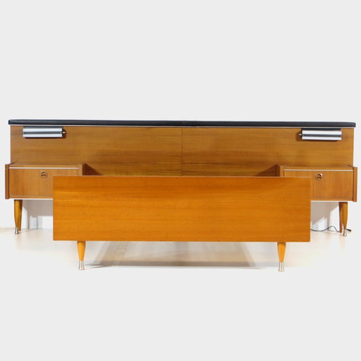 Vintage Bett In Teak Met Nachtkastjes En Verlichting, Jaren '60