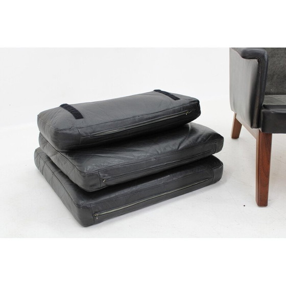 Image 1 of Vintage Sessel mit hoher Rückenlehne aus Leder und Teakholz, Dänemark 1970