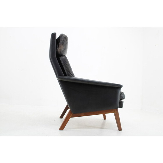 Image 1 of Vintage Sessel mit hoher Rückenlehne aus Leder und Teakholz, Dänemark 1970