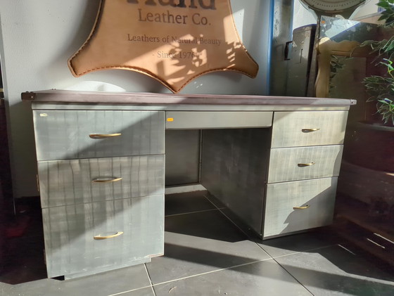 Image 1 of Timothy Oulton Aluminium-Schreibtisch - Braunes Leder