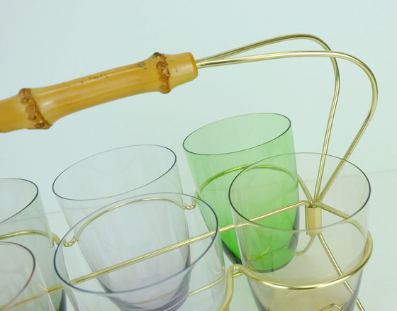 Image 1 of Set aus 6 Gläsern aus der mid century in einem Messinghalter mit Bambusgriff aus den 1950er Jahren
