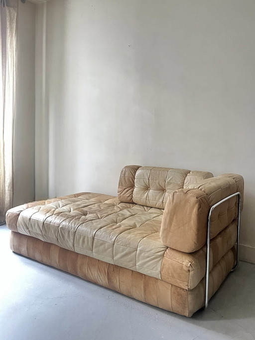 DLG De Sede Beige Patchwork Leder 3-Sitzer Schlafsofa, Design 1970