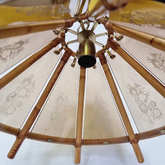 Image 1 of Vintage Bamboo Pendelleuchte mit dekorativem Glas aus den 1970er Jahren
