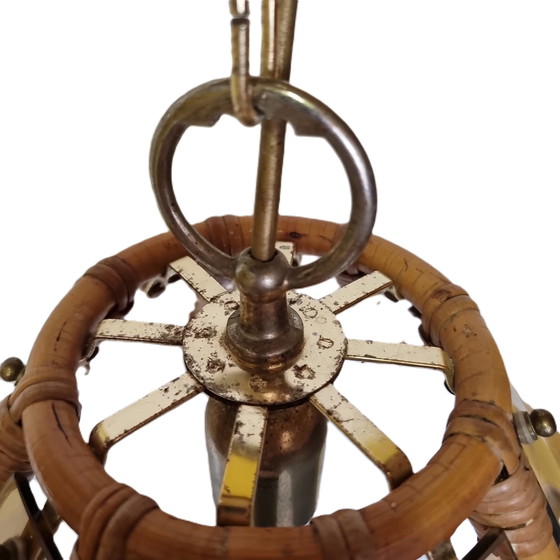 Image 1 of Vintage Bamboo Pendelleuchte mit dekorativem Glas aus den 1970er Jahren