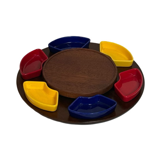 Image 1 of Lazy Susan / Serviertablett - Teakholz und mehrfarbige Keramikschalen - 1970er Jahre skandinavisches Design