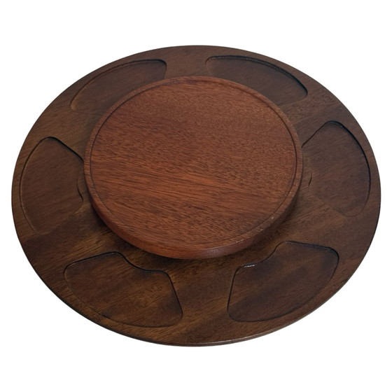 Image 1 of Lazy Susan / Serviertablett - Teakholz und mehrfarbige Keramikschalen - 1970er Jahre skandinavisches Design