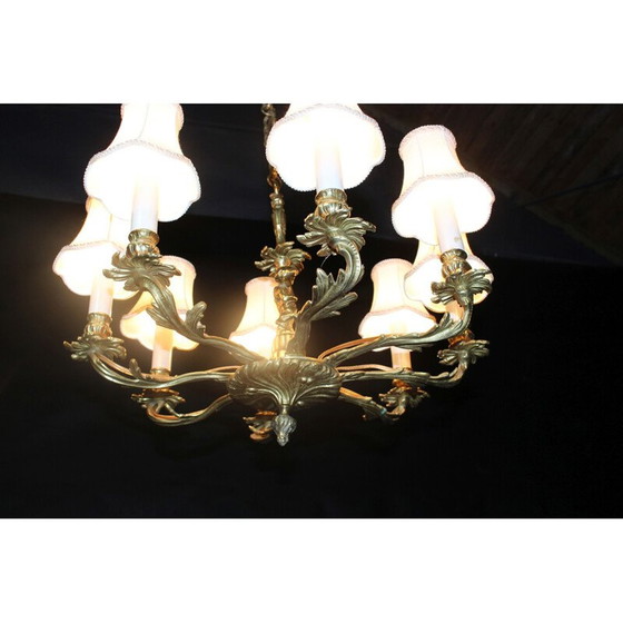 Image 1 of Vintage-Kronleuchter aus Messing und weißem Stoff, 1950