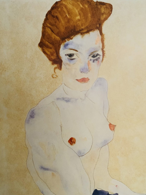 Image 1 of Egon Schiele: "Sitzender Blauer Akt, 1911". Offsetlithographie, Größe Xl.