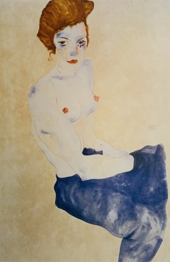 Image 1 of Egon Schiele: "Sitzender Blauer Akt, 1911". Offsetlithographie, Größe Xl.