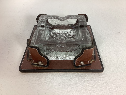 Vintage siebziger Jahre Glas Aschenbecher in Leder Goldpfeil komplett in Box