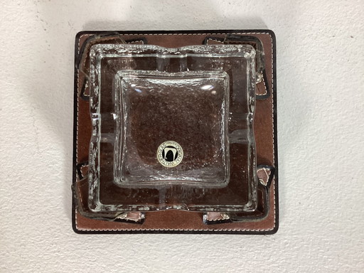 Vintage siebziger Jahre Glas Aschenbecher in Leder Goldpfeil komplett in Box