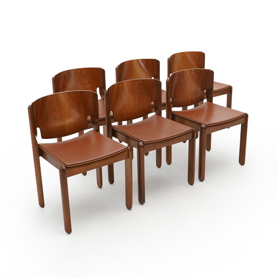 Image 1 of 6 Stühle Modell 122 aus Walnussholz und braunem Leder von Vico Magistretti für Cassina, 1960