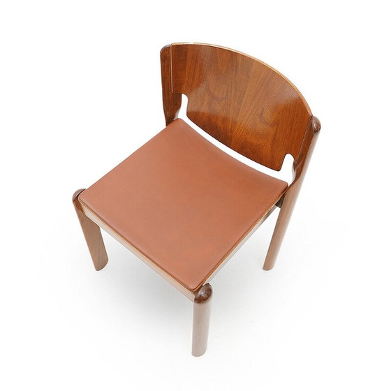 Image 1 of 6 Stühle Modell 122 aus Walnussholz und braunem Leder von Vico Magistretti für Cassina, 1960