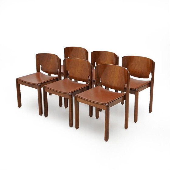 Image 1 of 6 Stühle Modell 122 aus Walnussholz und braunem Leder von Vico Magistretti für Cassina, 1960