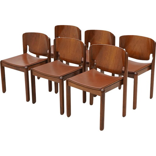 6 Stühle Modell 122 aus Walnussholz und braunem Leder von Vico Magistretti für Cassina, 1960