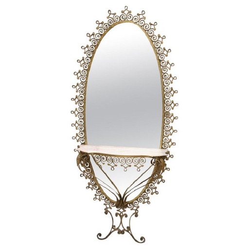 Bodenspiegel aus Eisen mit Konsolentisch aus Marmor, 1950er Jahre