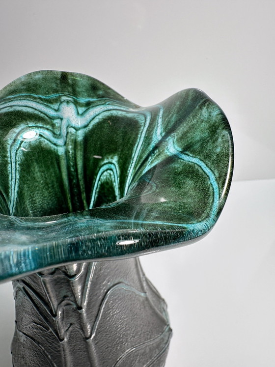 Image 1 of Vintage Glas Blumenvase Grün Jugenstil Weinfurtner Glashütten Deutschland Irisierend