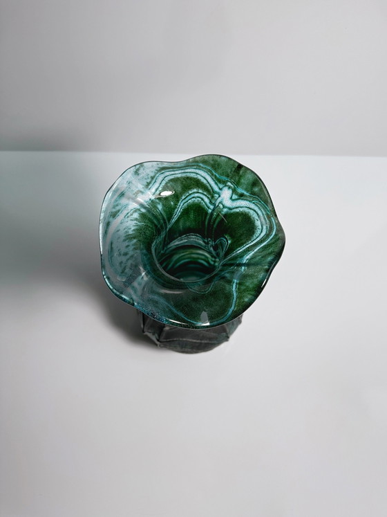 Image 1 of Vintage Glas Blumenvase Grün Jugenstil Weinfurtner Glashütten Deutschland Irisierend