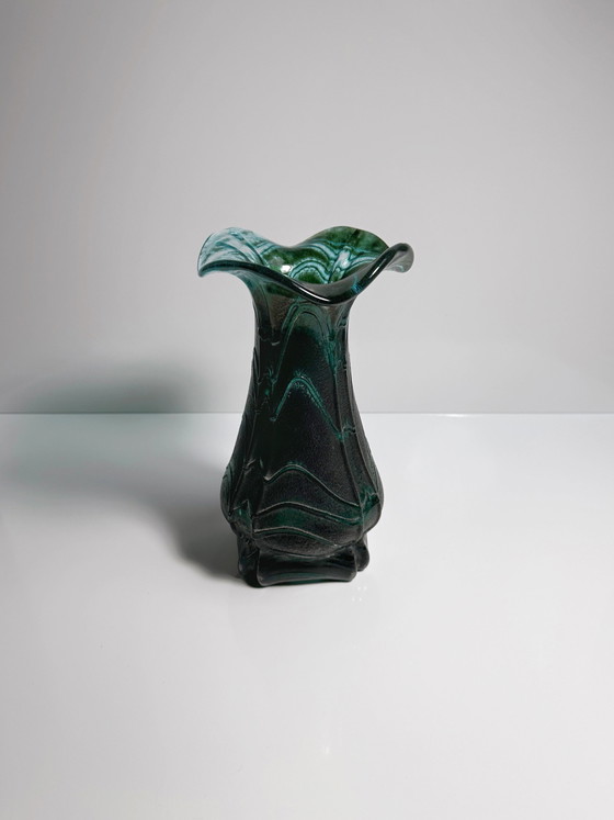Image 1 of Vintage Glas Blumenvase Grün Jugenstil Weinfurtner Glashütten Deutschland Irisierend