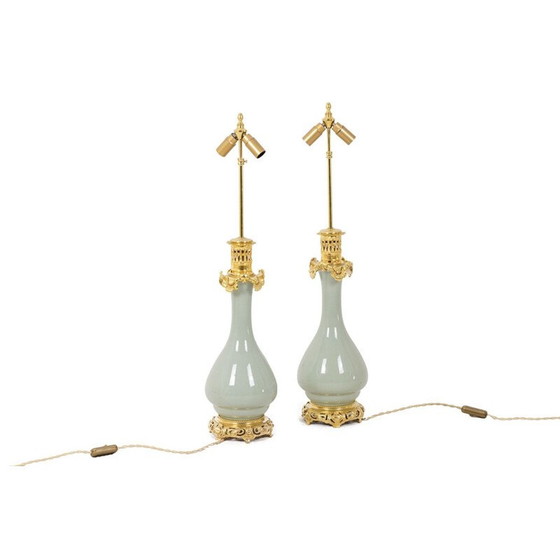 Image 1 of Paar alte Lampen aus Celadon-Porzellan und Bronze, 1880