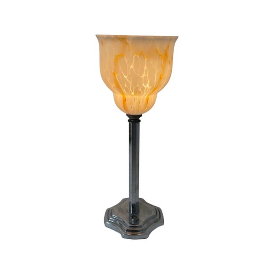 Image 1 of Kunst Deco – Tischlampe – Kelchförmiges, mehrfarbiges Glas – Silber Sockel mit Netzschalter