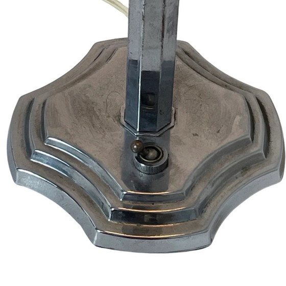 Image 1 of Kunst Deco – Tischlampe – Kelchförmiges, mehrfarbiges Glas – Silber Sockel mit Netzschalter